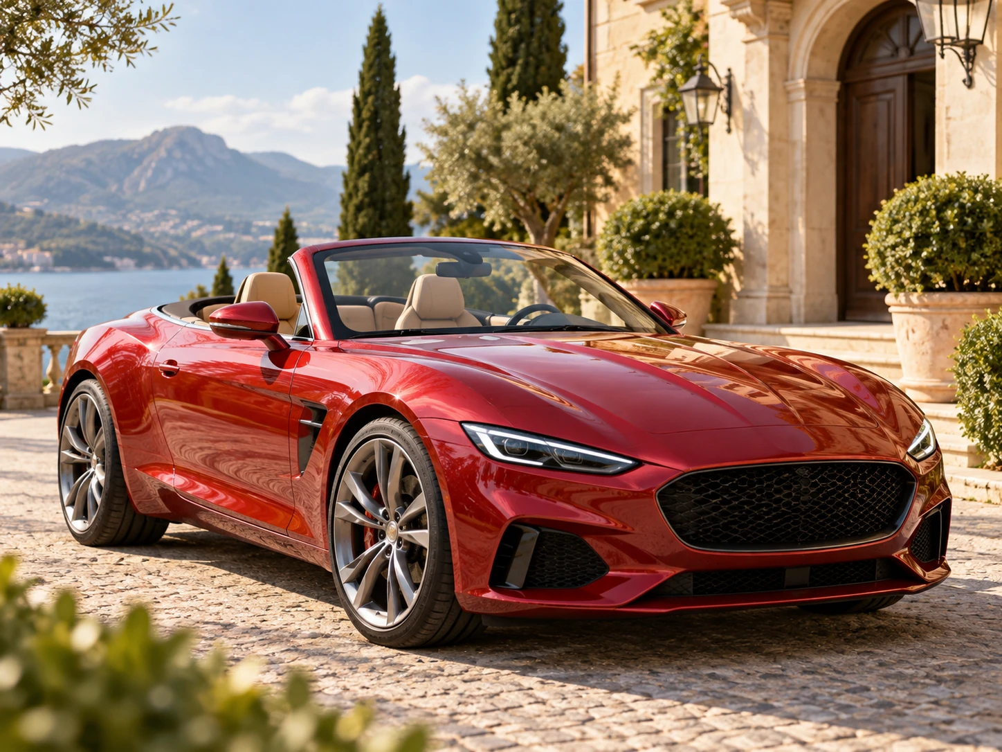 Rotes Cabriolet vor mediterraner Kulisse